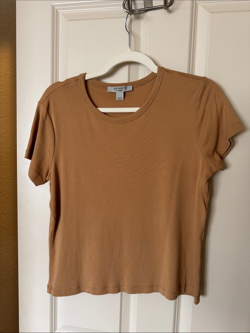 AllSaints Stevie 100% organic cotton t-shirt in iced coffee brown size L, EUC